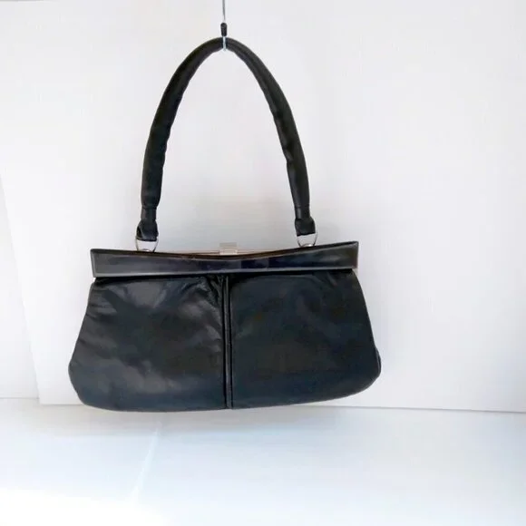 Unique Vintage Black Leather Satchel/Shoulder Frame Bag wth Chic Sleek Features - Picture 15 of 15